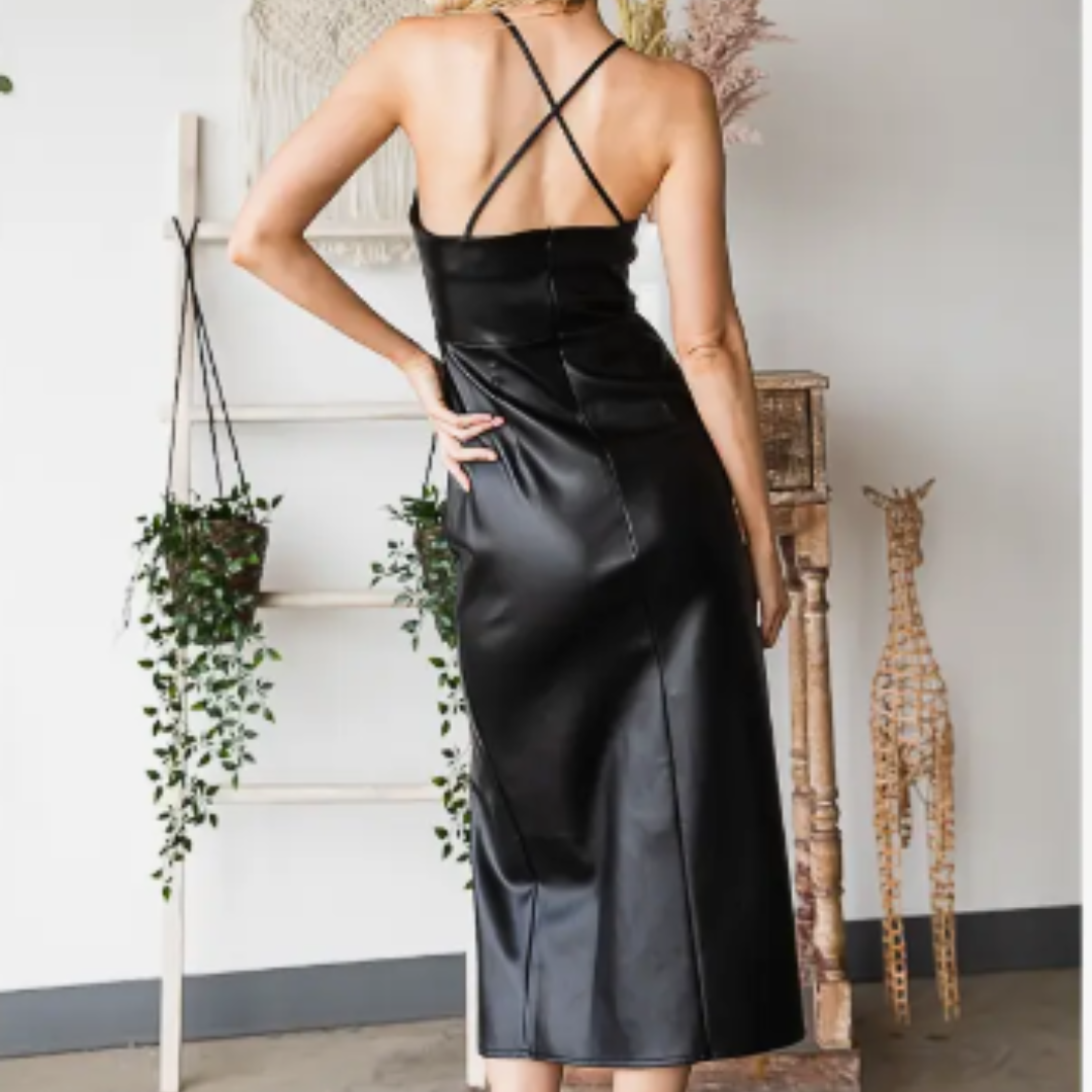 BLACK VEGAN LEATHER MIDI DRESS The J. Nicole Collection BLACK VEGAN LEATHER MIDI DRESS The J. Nicole Collection