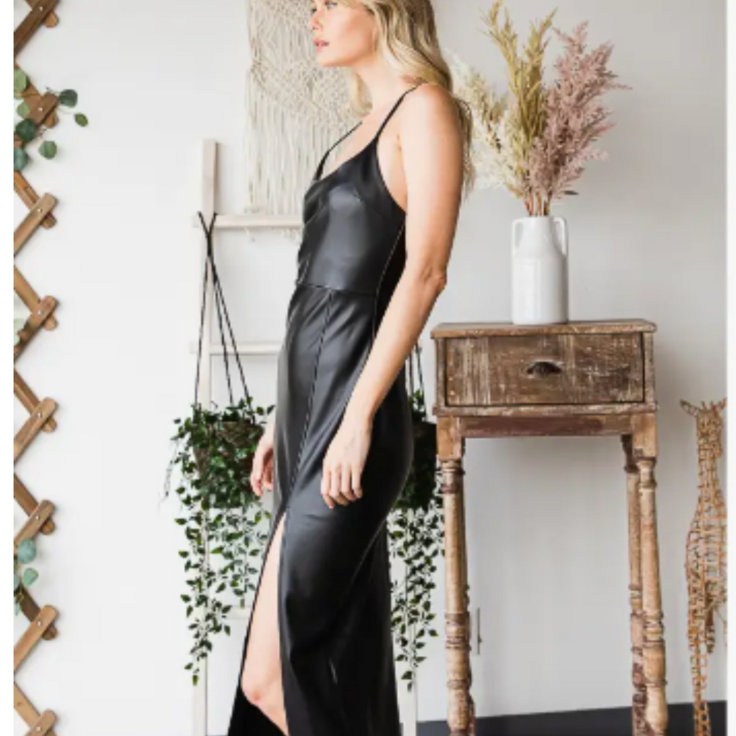 Black Vegan Leather Midi Dress