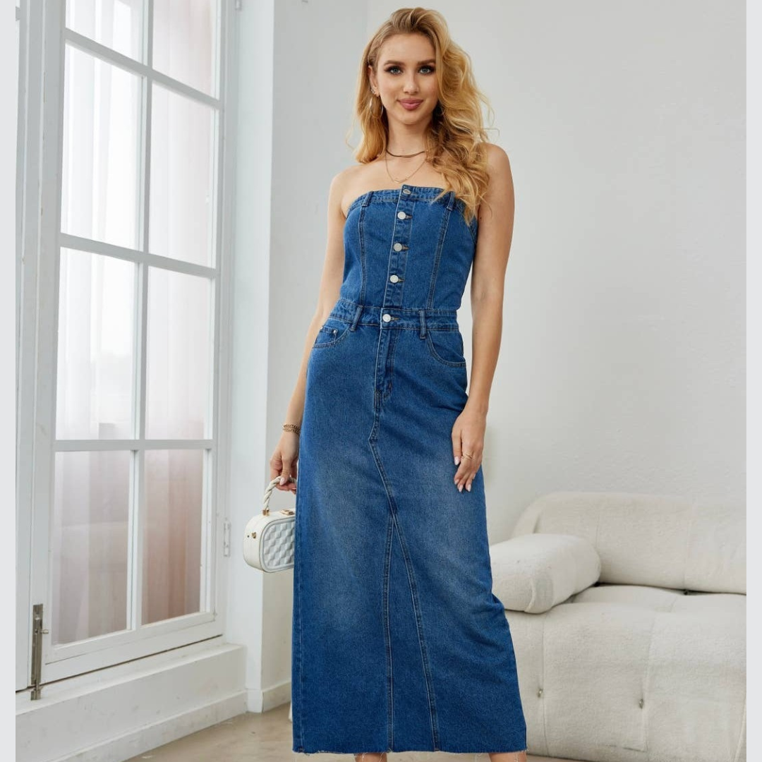 denim bandeau dress – The J. Nicole Collection Size:Child 8 The dresss mini length Long sleeves Devil in a blue