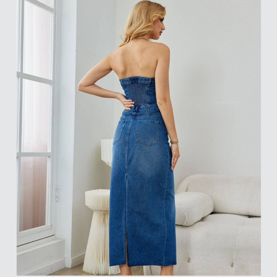 chinese dress ladies Strapless Denim Maxi Dress 10 main image 1