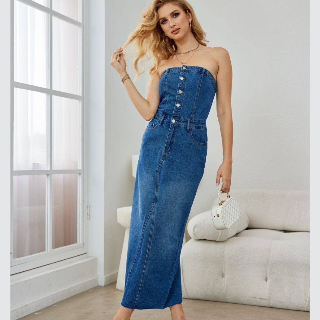 DENIM BANDEAU DRESS