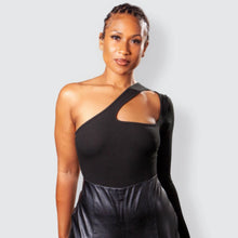 Load image into Gallery viewer, KAYLA BLACK RIBBED ASYMMETRIC BODYSUIT
