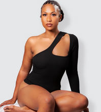 Load image into Gallery viewer, KAYLA BLACK RIBBED ASYMMETRIC BODYSUIT

