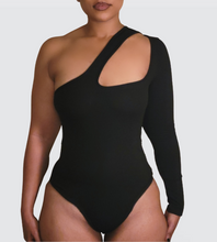 Load image into Gallery viewer, KAYLA BLACK RIBBED ASYMMETRIC BODYSUIT
